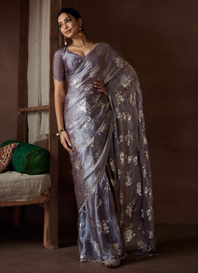 Sattin Silk Lilac Party Wear Hand Work Saree